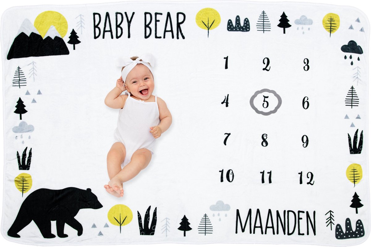 Goedkoopste Frummel Mijlpaaldeken ‘Bear’ – Milestone deken – Mijlpaal baby – Kraamcadeau Jongen – Kraamcadeau Meisje – Baby Shower Cadeau – Baby Cadeau – Mijlpaaldeken in het Nederlands – Moederdag cadeau - 100 x 150 cm