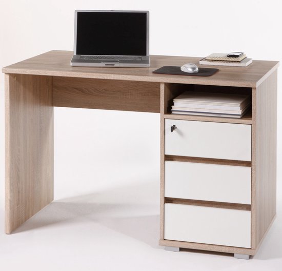 Bureau Primos 110cm avec 3 tiroirs - chêne - Bega Consult - Bureau à domicile - Blanc|Brun - Panneaux de particules - Bureau à domicile