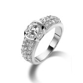 Twice As Nice ring in zilver, solitaire met 1 zirkonia van 7 mm en 3 rijen kleine Wit 60