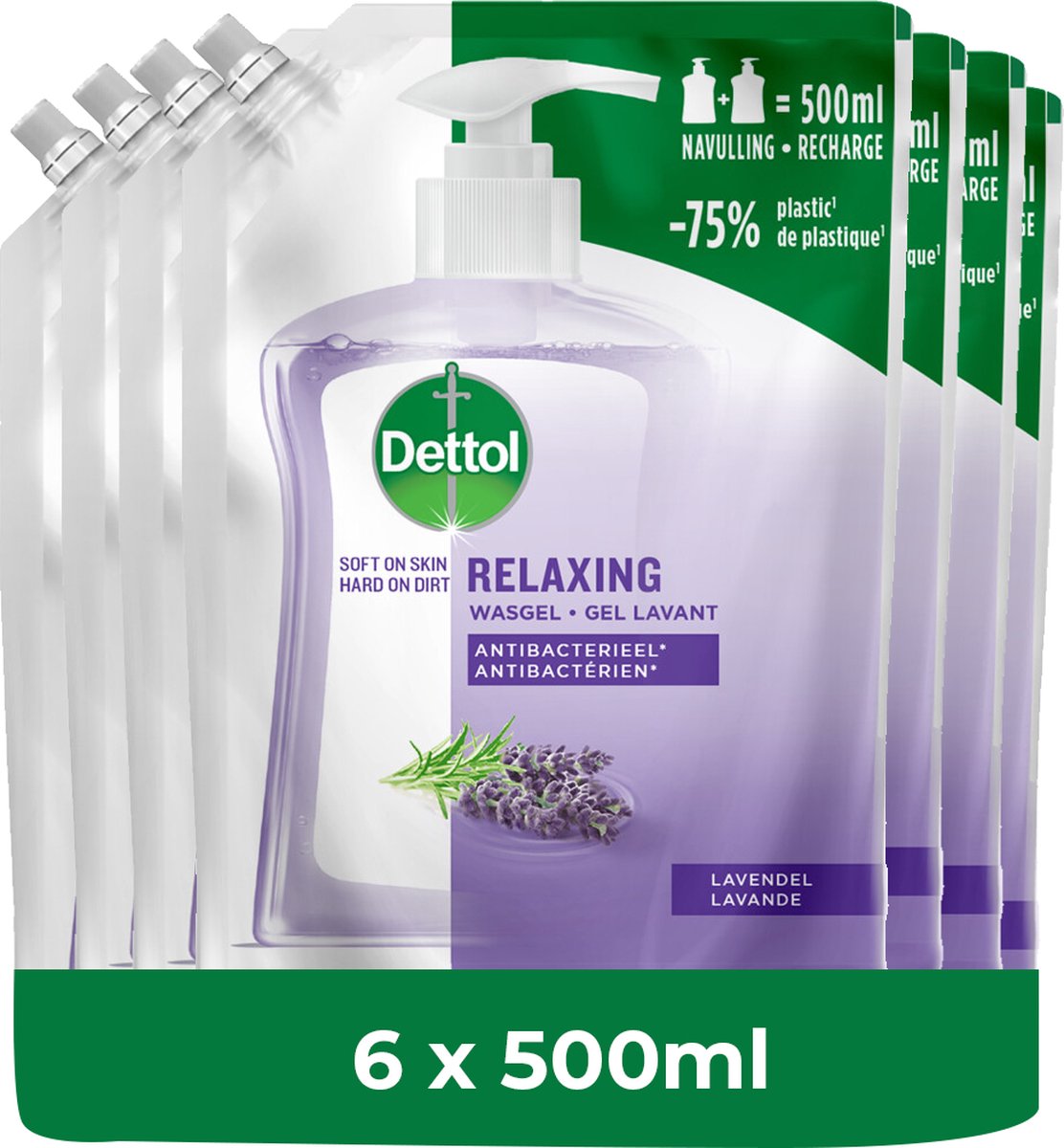 Goedkoopste Dettol - Handzeep - Antibacterieel - Navulling Relaxing Lavender - 6x 500ML - Voordeelverpakking