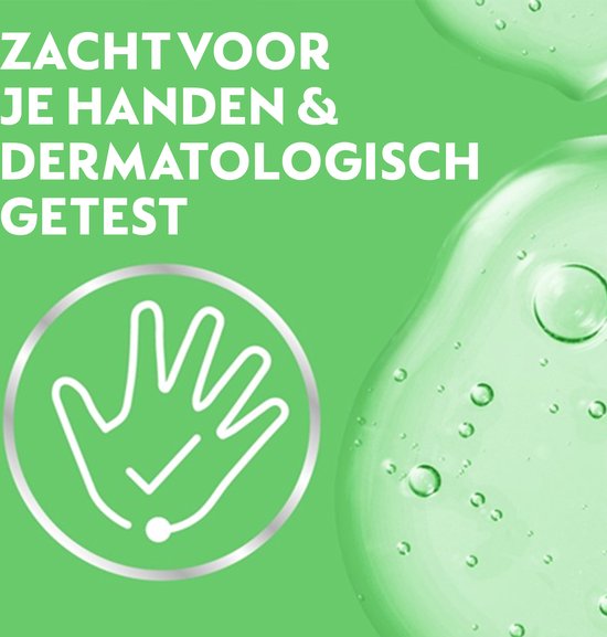 Zacht voor handen en dermatologisch getest. Een icoon van een hand met een vinkje.