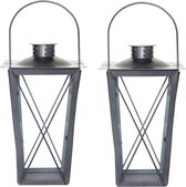 Set van 2x stuks zilveren tuin lantaarn/windlicht van ijzer 17 x 17 x 30 cm - Tuinverlichting - Kaarsenhouders - Lantaarns