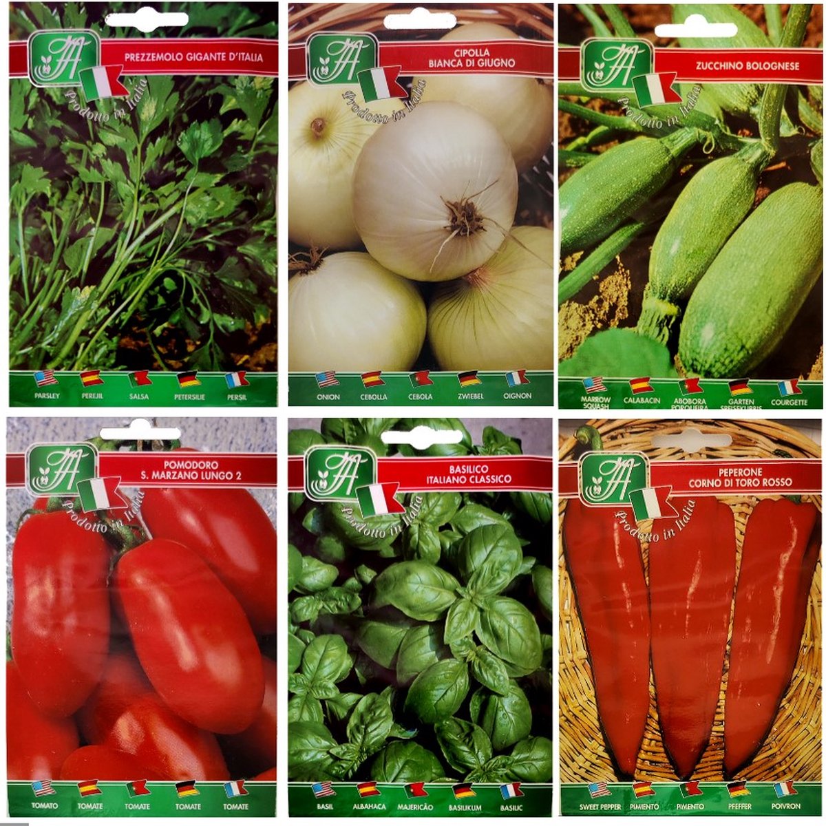 Italiaanse keuken, zaadpakket - 6 Soorten - Sappige tomaat, Italiaanse basilicum, Punt paprika, Sappige courgette, Witte ui, Grote peterselie