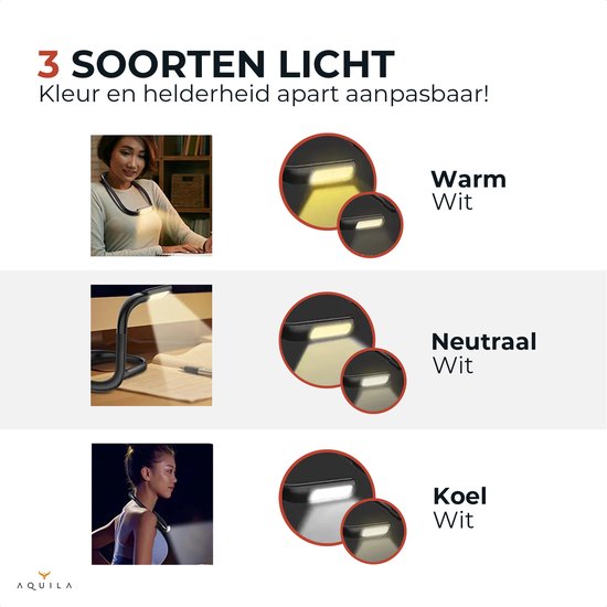 Aquila Leeslampje voor Boek - Neklamp Oplaadbaar - Leeslampje voor in Bed - Boeklampje & Bedlampjes Leeslampjes - Boeklamp - Leeslampje voor Boek Oplaadbaar USB - 3 Kleuren - Bedlamp — afbeelding 2