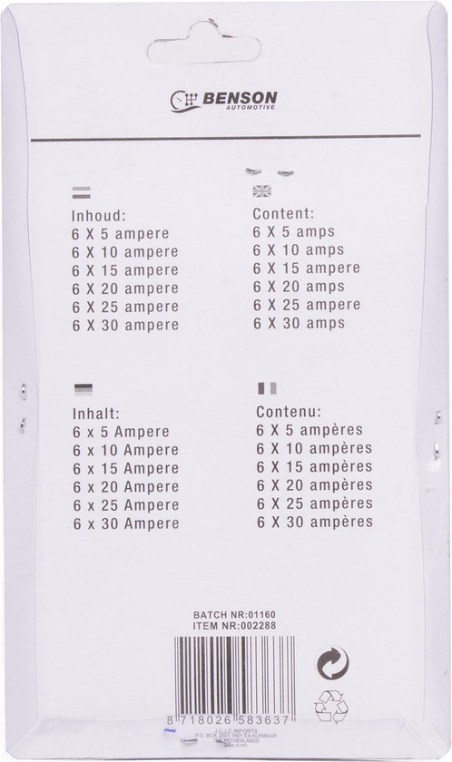 Verpakking met 36 Benson auto steekzekeringen in 6 ampères, 10, 15, 20, 25 en 30 ampères.