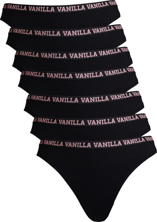 Vanilla - Dames string, Ondergoed dames, Lingerie - 7 stuks - Egyptisch katoen - Zwart - L