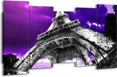 GroepArt - Canvas Schilderij - Eiffeltoren - Paars, Zwart, Grijs - 150x80cm 5Luik- Groot Collectie Schilderijen Op Canvas En Wanddecoraties