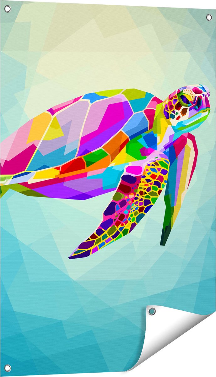 Gards Tuinposter Kleurrijke Schildpad in het Water - 60x90 cm - Tuindoek - Tuindecoratie - Wanddecoratie buiten - Tuinschilderij Multikleur