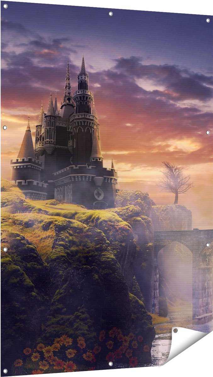 Gards Tuinposter Oud Kasteel op een Heuvel - 100x150 cm - Tuindoek - Tuindecoratie - Wanddecoratie buiten - Tuinschilderij Multikleur