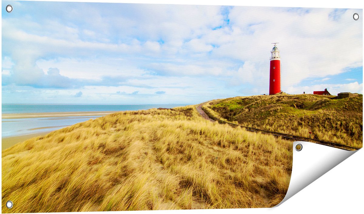 Gards Tuinposter Vuurtoren met Duinen in Texel - 100x50 cm - Tuindoek - Tuindecoratie - Wanddecoratie buiten - Tuinschilderij Multikleur