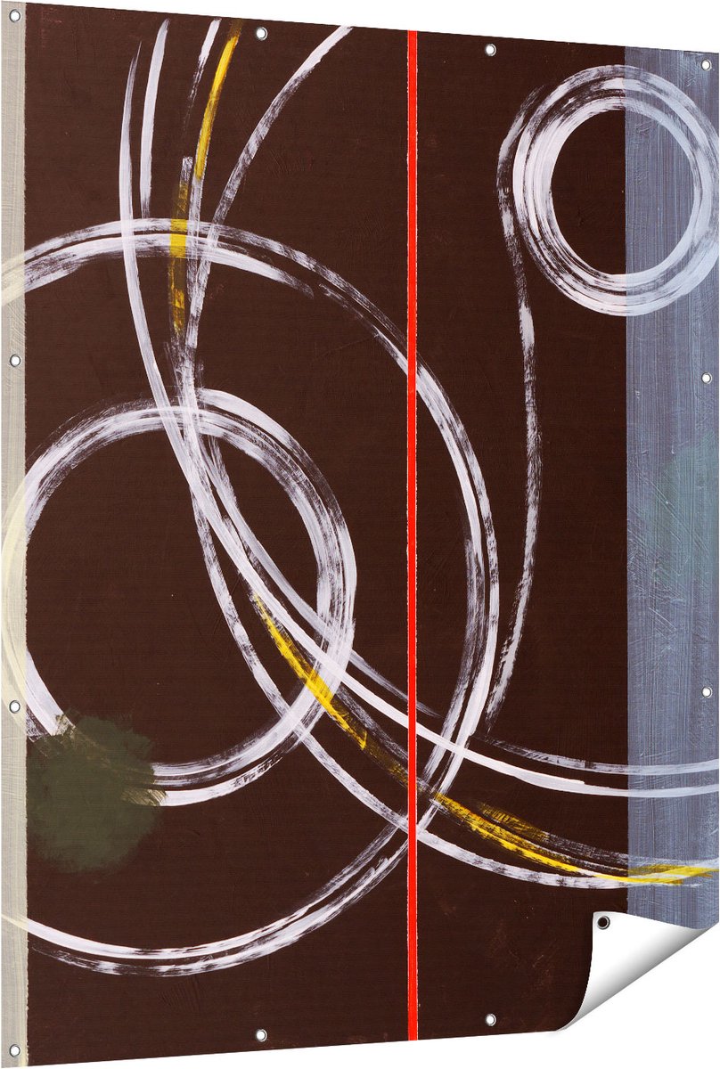Gards Tuinposter Abstracte Cirkels met een Rode Lijn - 120x150 cm - Tuindoek - Tuindecoratie - Wanddecoratie buiten - Tuinschilderij Multikleur