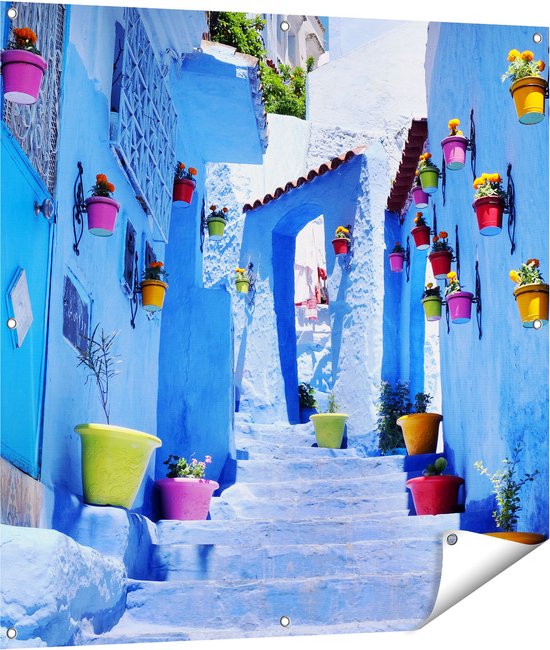 Gards Tuinposter Blauwe Huizen met Bloempotten in Chefchaouen, Marokko - 100x100 cm - Tuindoek - Tuindecoratie - Wanddecoratie buiten - Tuinschilderij