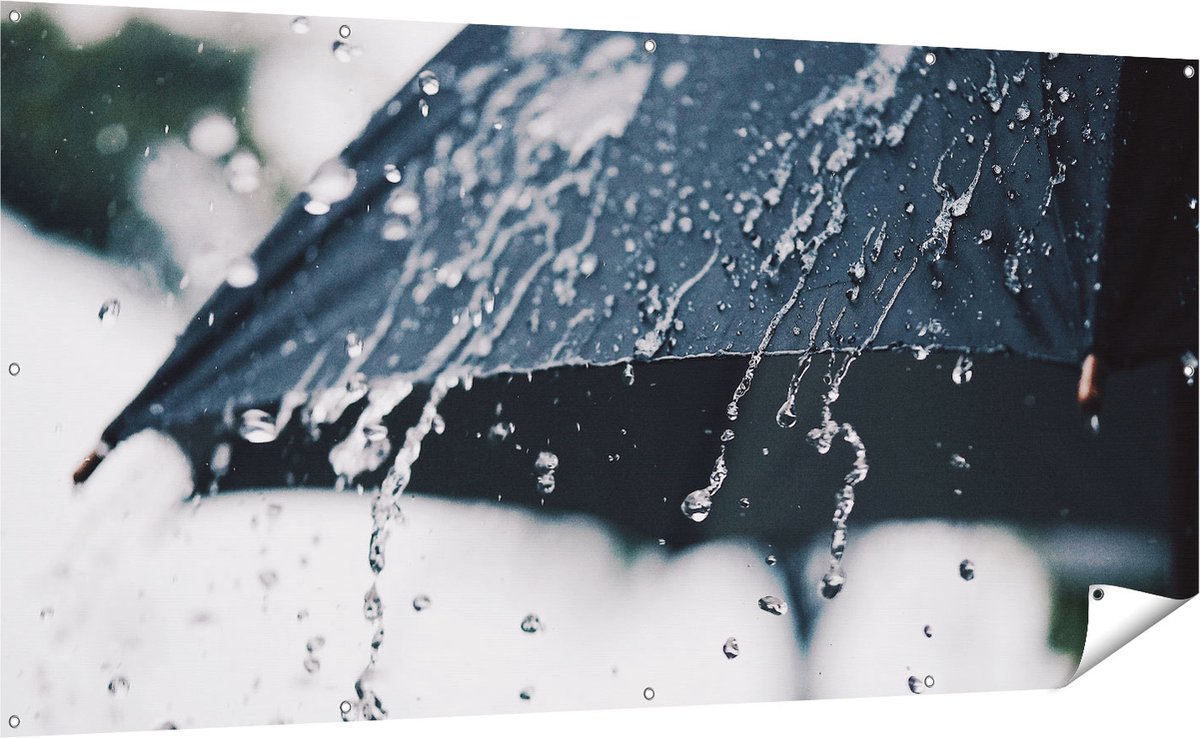 Gards Tuinposter Zwarte Paraplu met Regen Druppels - 200x100 cm - Tuindoek - Tuindecoratie - Wanddecoratie buiten - Tuinschilderij Multikleur