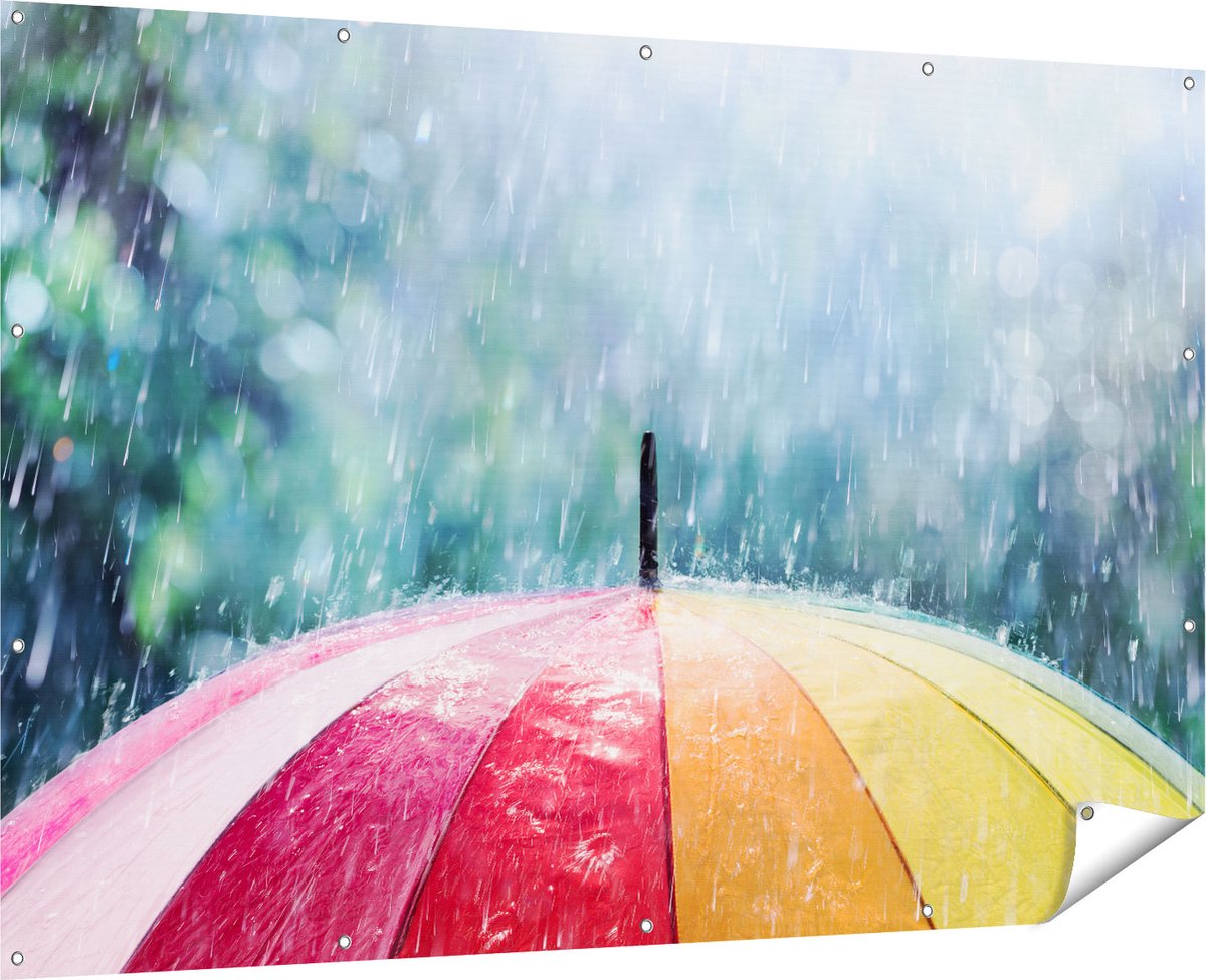 Gards Tuinposter Regenboog Paraplu met Regen - 180x120 cm - Tuindoek - Tuindecoratie - Wanddecoratie buiten - Tuinschilderij Multikleur
