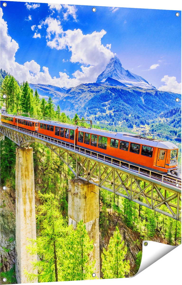 Gards Tuinposter Trein op een Brug bij een Waterval in Zwitserland - 90x120 cm - Tuindoek - Tuindecoratie - Wanddecoratie buiten - Tuinschilderij Multikleur