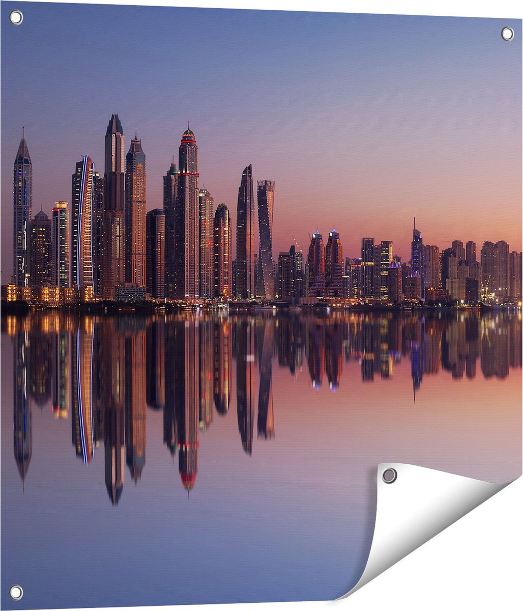Gards Tuinposter Skyline Dubai Stad bij Zonsondergang - 70x70 cm - Tuindoek - Tuindecoratie - Wanddecoratie buiten - Tuinschilderij Multikleur
