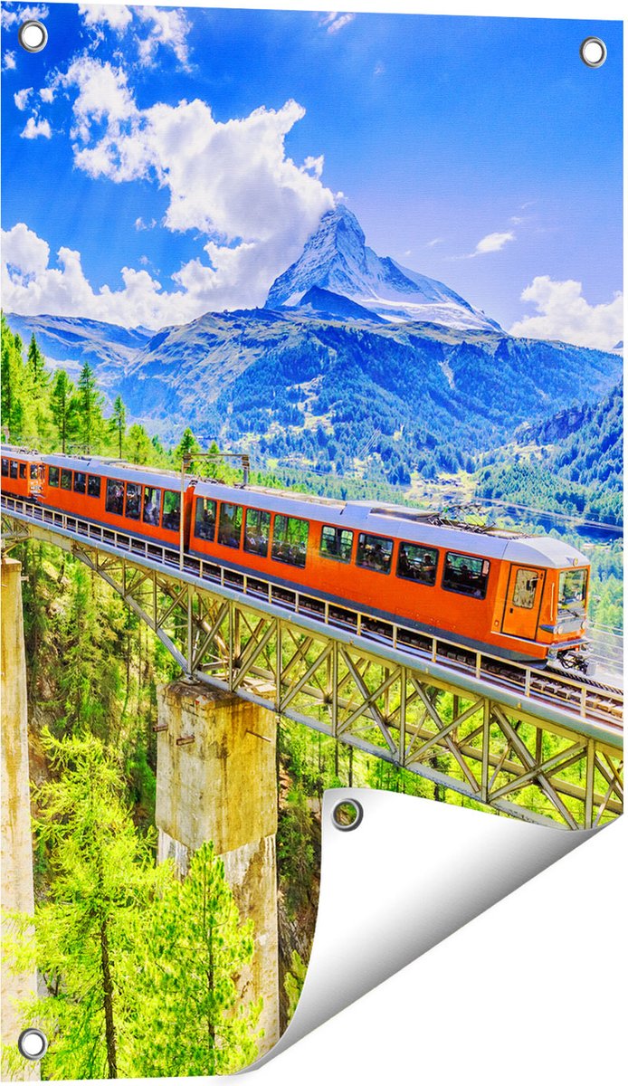 Gards Tuinposter Trein op een Brug bij een Waterval in Zwitserland - 40x60 cm - Tuindoek - Tuindecoratie - Wanddecoratie buiten - Tuinschilderij Multikleur