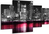 GroepArt - Schilderij -  New York - Zwart, Wit, Roze - 160x90cm 4Luik - Schilderij Op Canvas - Foto Op Canvas