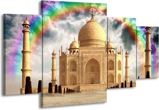 GroepArt - Schilderij -  Taj Mahal - Crème - 160x90cm 4Luik - Schilderij Op Canvas - Foto Op Canvas