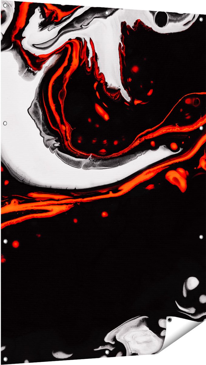 Gards Tuinposter Abstracte Kunst - Zwart en Wit met Rood - 100x150 cm - Tuindoek - Tuindecoratie - Wanddecoratie buiten - Tuinschilderij Multikleur