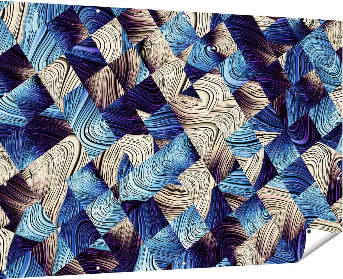 Gards Tuinposter Abstracte Kunst met Blauwe en Gouden Ruiten - 180x120 cm - Tuindoek - Tuindecoratie - Wanddecoratie buiten - Tuinschilderij Multikleur