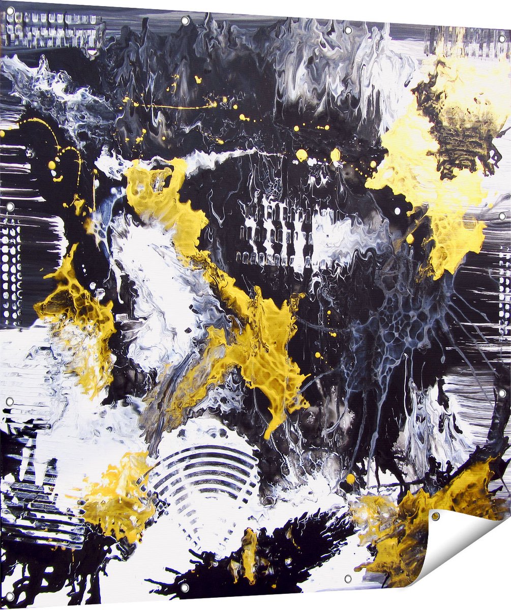 Gards Tuinposter Abstracte Kunst met Zwart, Wit en Goud - 120x120 cm - Tuindoek - Tuindecoratie - Wanddecoratie buiten - Tuinschilderij Multikleur
