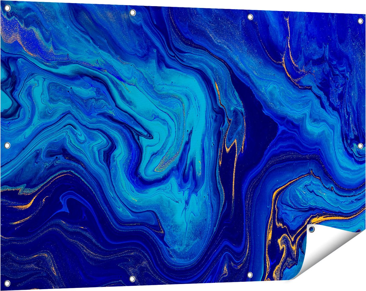 Gards Tuinposter Abstracte Kunst - Blauw met Gouden Verf - 120x80 cm - Tuindoek - Tuindecoratie - Wanddecoratie buiten - Tuinschilderij Multikleur