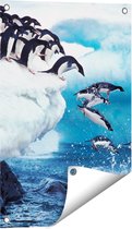 Gards Tuinposter Kudde Pingu�ns Springen vanaf een Rots - 40x60 cm - Tuindoek - Tuindecoratie - Wanddecoratie buiten - Tuinschilderij