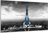 Glasschilderij Parijs, Eiffeltoren - Zwart, Wit, Blauw - 120x70cm 1Luik - Foto Op Glas - Geen Acrylglas Schilderij - GroepArt 6000+ Glasschilderijen Art Collectie - Wanddecoratie - Woonkamer - Slaapkamer
