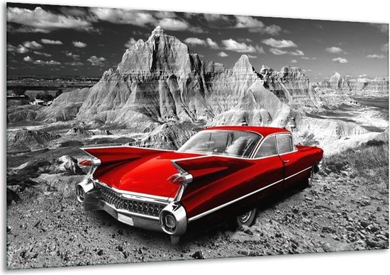 Schilderij Op Canvas Oldtimer, Auto - Grijs, Rood - 120x70cm 1Luik - Foto Op Canvas - GroepArt 6000+ Schilderijen 0p Canvas Art Collectie - Wanddecoratie - Woonkamer - Slaapkamer - Canvas Print