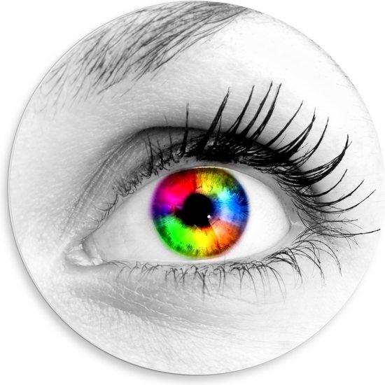 PVC Schuimplaat Muurcirkel - Kleurrijk Oog in Regenboogkleuren in Zwart- wit gezicht - 50x50 cm Foto op Muurcirkel (met ophangsysteem)