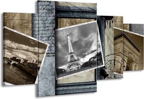 GroepArt - Schilderij -  Frankrijk, Parijs - Grijs, Crème, Bruin - 160x90cm 4Luik - Schilderij Op Canvas - Foto Op Canvas