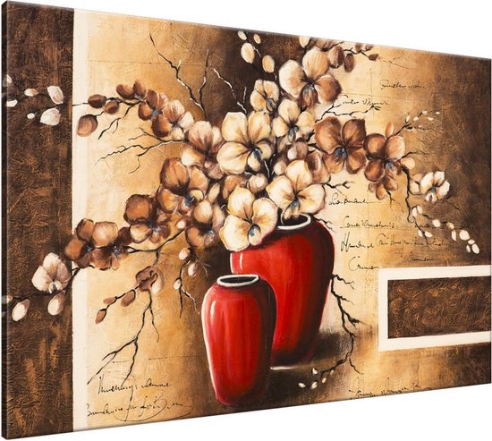 Schilderij handgeschilderd Bloemen in vaas | Bruin , Rood | 150x70cm 5Luik