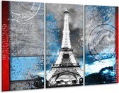 Glasschilderij Parijs, Eiffeltoren - Grijs, Blauw, Zwart - 120x80cm 3Luik - Foto Op Glas - Geen Acrylglas Schilderij - GroepArt 6000+ Glas Art Collectie - Maatwerk Mogelijk