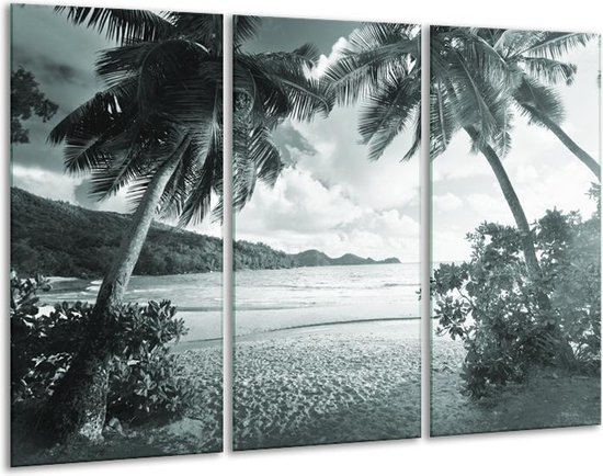 Glasschilderij Zee, Strand - Grijs, Groen - 120x80cm 3Luik - Foto Op Glas - Geen Acrylglas Schilderij - GroepArt 6000+ Glas Art Collectie - Maatwerk Mogelijk