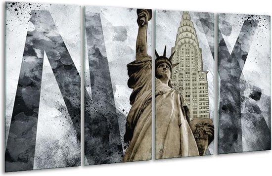 GroepArt - Glasschilderij - Vrijheidsbeeld, New York - Grijs, Crème - 160x80cm 4Luik - Foto Op Glas - Geen Acrylglas Schilderij - 6000+ Glasschilderijen Collectie - Wanddecoratie