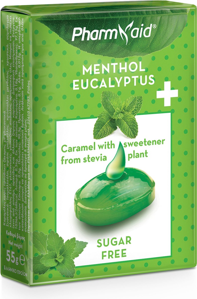 Goedkoopste Pharmaid Stevia Caramels Menthol en Eucalyptus 55gr | Keelpasilles Suikervrij