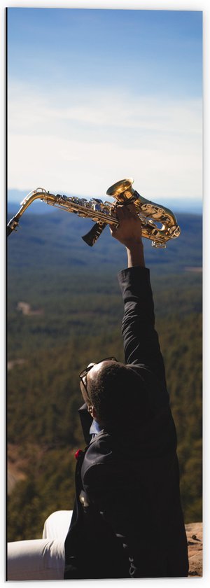 Dibond - Man met Trompet aan de Rand van Cliff met Uitzicht - 40x120 cm Foto op Aluminium (Met Ophangsysteem)