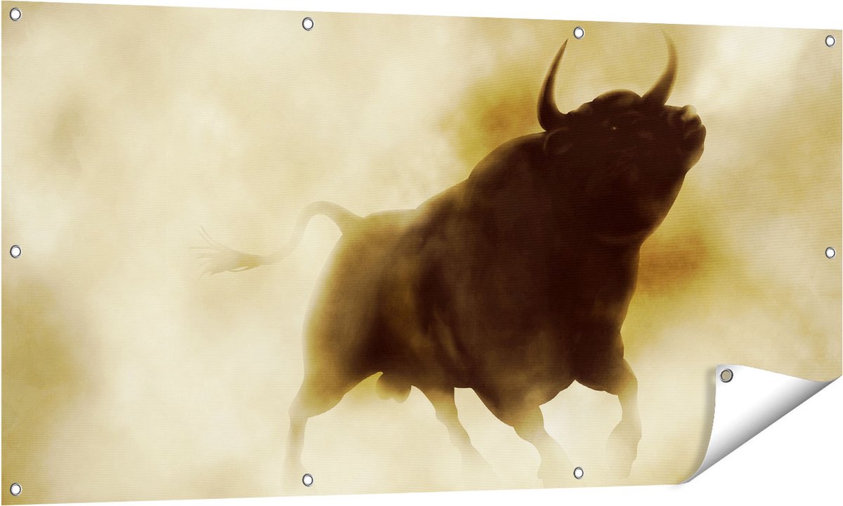 Gards Tuinposter Zwarte Stier in het Stoffige Rook - 140x70 cm - Tuindoek - Tuindecoratie - Wanddecoratie buiten - Tuinschilderij Multikleur