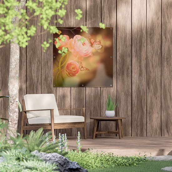 Gards Affiche de jardin Deux Papillons Roses avec Roses Roses - 80x80 cm - Toile jardin - Décoration de jardin - Décoration murale extérieur - Tableau jardin
