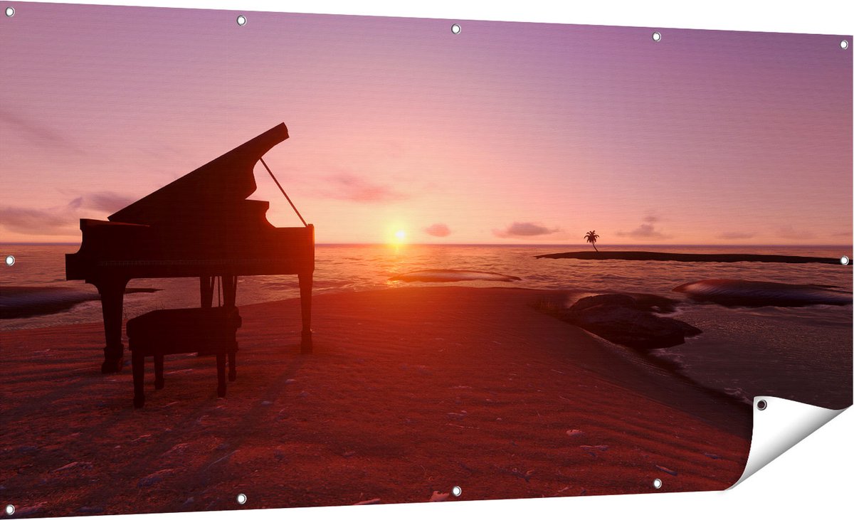 Gards Tuinposter Piano op het Strand bij Zonsondergang - 180x90 cm - Tuindoek - Tuindecoratie - Wanddecoratie buiten - Tuinschilderij Multikleur