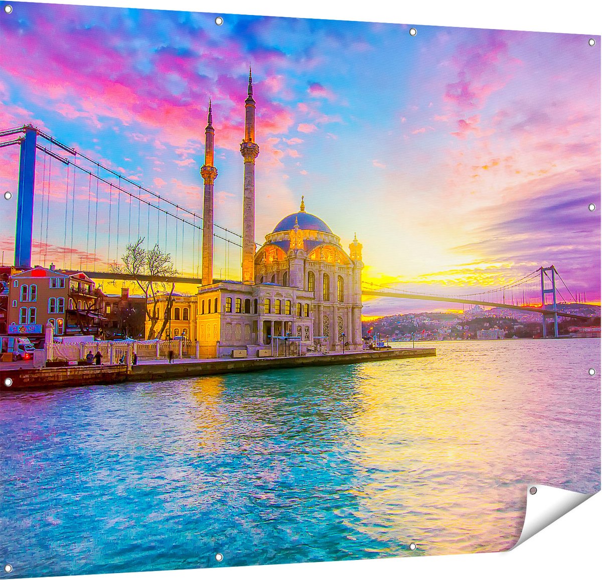 Gards Tuinposter Kleurrijke Ortakoy Moskee in Instanbul - 150x120 cm - Tuindoek - Tuindecoratie - Wanddecoratie buiten - Tuinschilderij Multikleur