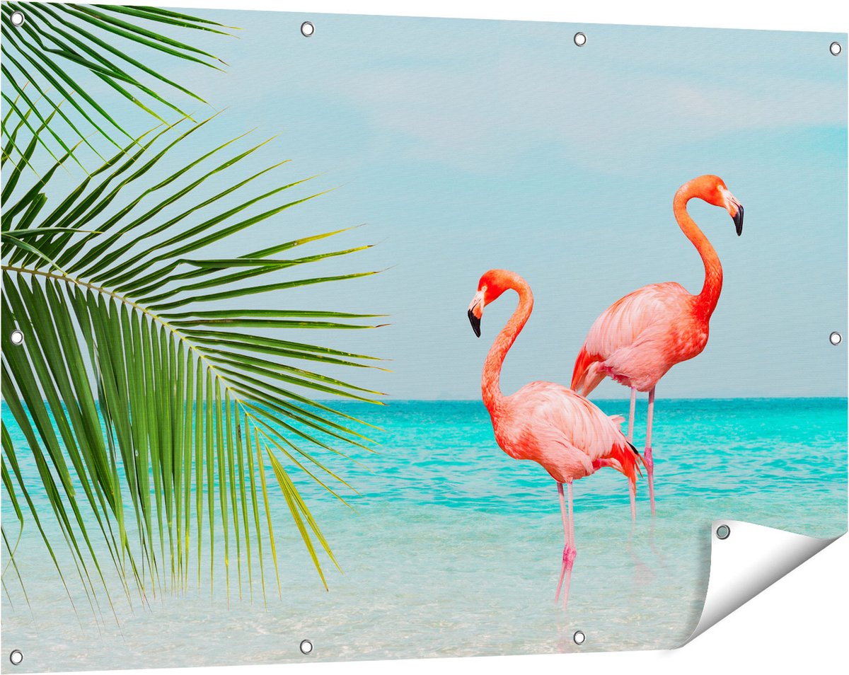 Gards Tuinposter Twee Flamingo's in het Water - 120x80 cm - Tuindoek - Tuindecoratie - Wanddecoratie buiten - Tuinschilderij Multikleur