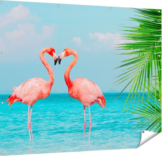 Gards Tuinposter Twee Flamingo's in een Hart Vorm in het Water - 150x120 cm - Tuindoek - Tuindecoratie - Wanddecoratie buiten - Tuinschilderij