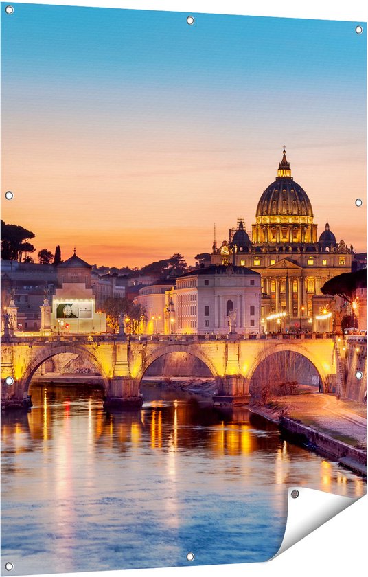 Gards Tuinposter Engelenbrug in Rome bij Zonsondergang - 90x120 cm - Tuindoek - Tuindecoratie - Wanddecoratie buiten - Tuinschilderij