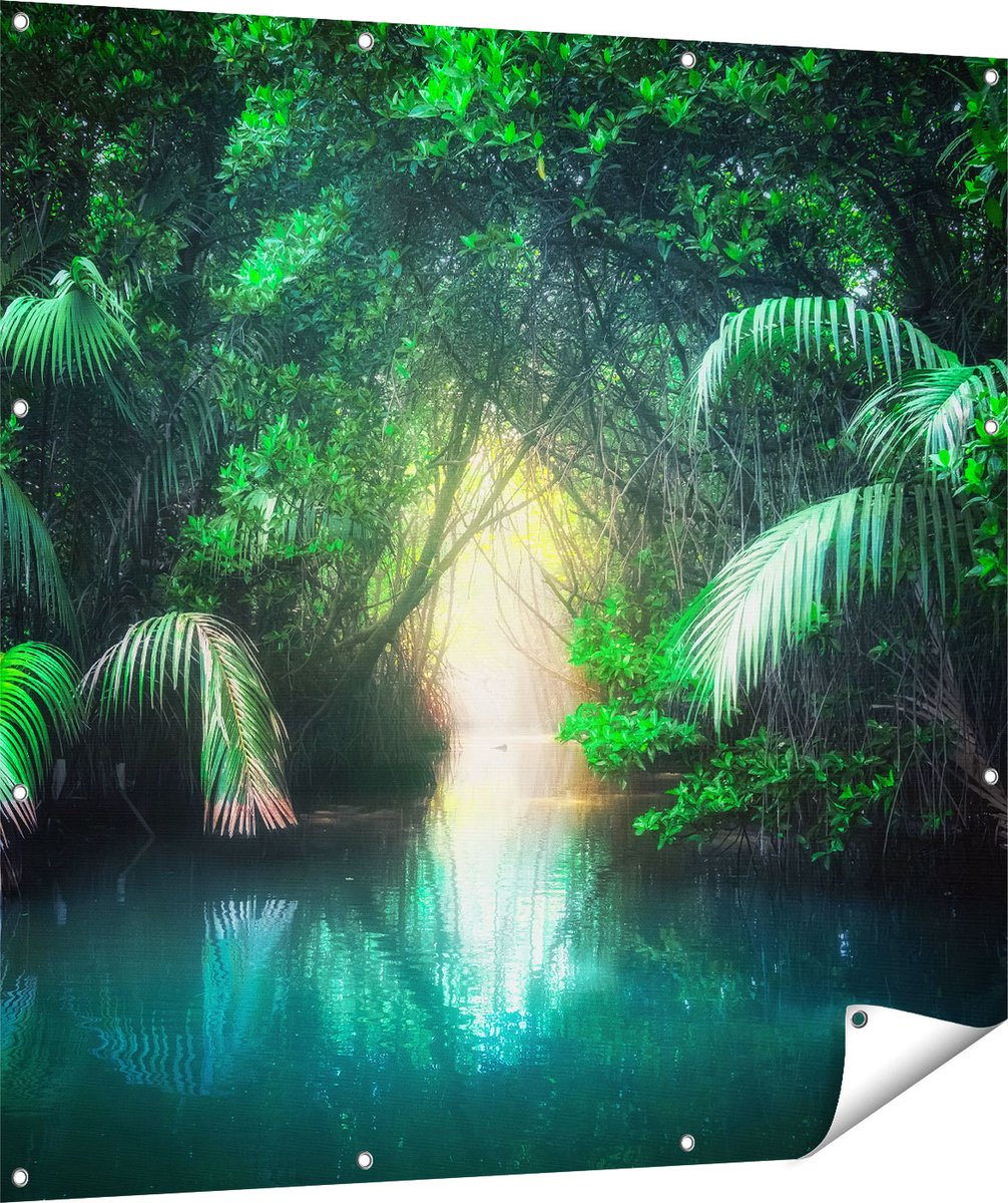 Gards Tuinposter Tropische Jungle met een Turquoise Meer - 120x120 cm - Tuindoek - Tuindecoratie - Wanddecoratie buiten - Tuinschilderij Multikleur