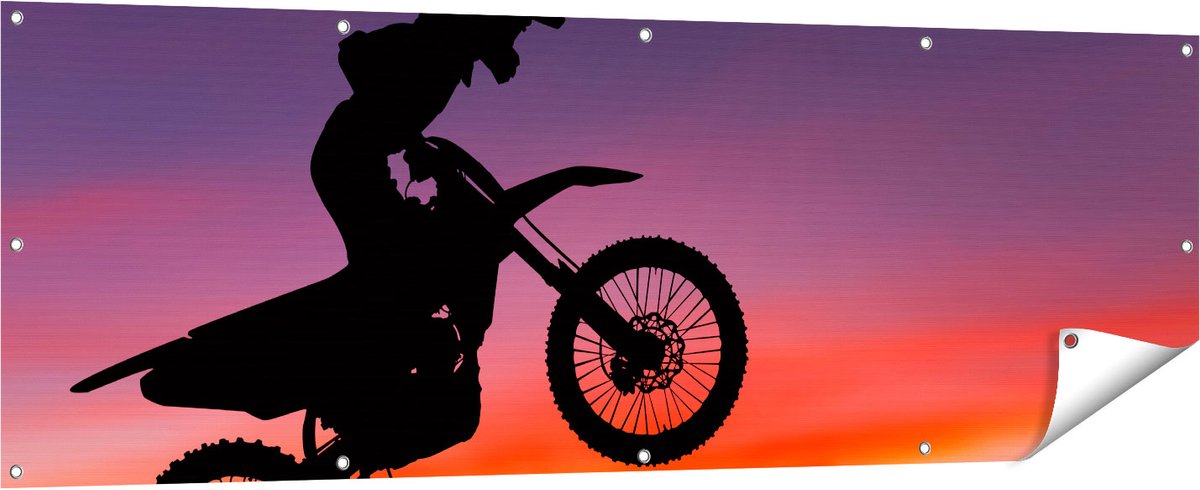 Gards Tuinposter Silhouet van een Motorcross in de Lucht - 180x60 cm - Tuindoek - Tuindecoratie - Wanddecoratie buiten - Tuinschilderij Multikleur