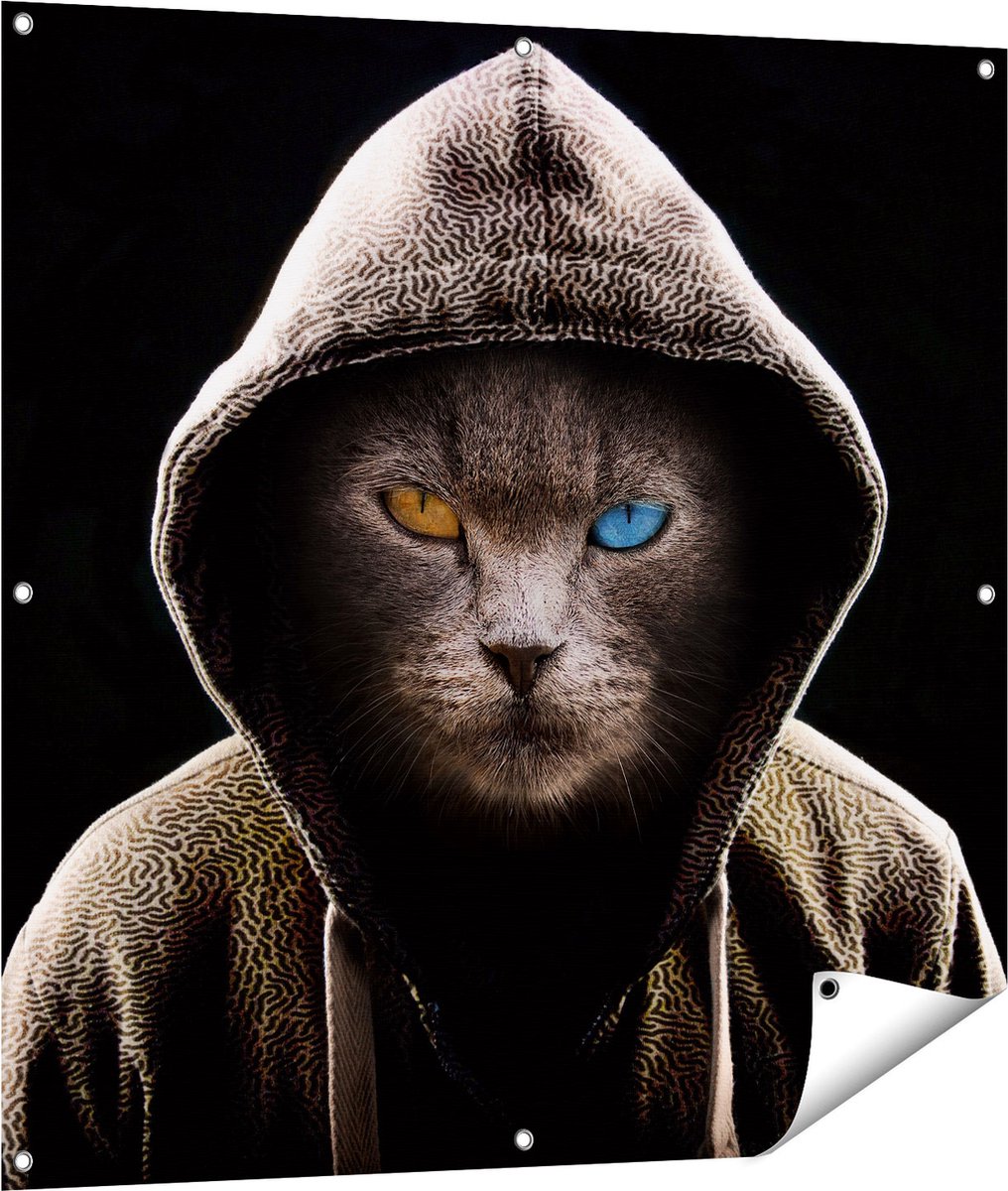 Gards Tuinposter Boze Kat Draagt een Hoodie - 100x100 cm - Tuindoek - Tuindecoratie - Wanddecoratie buiten - Tuinschilderij Multikleur