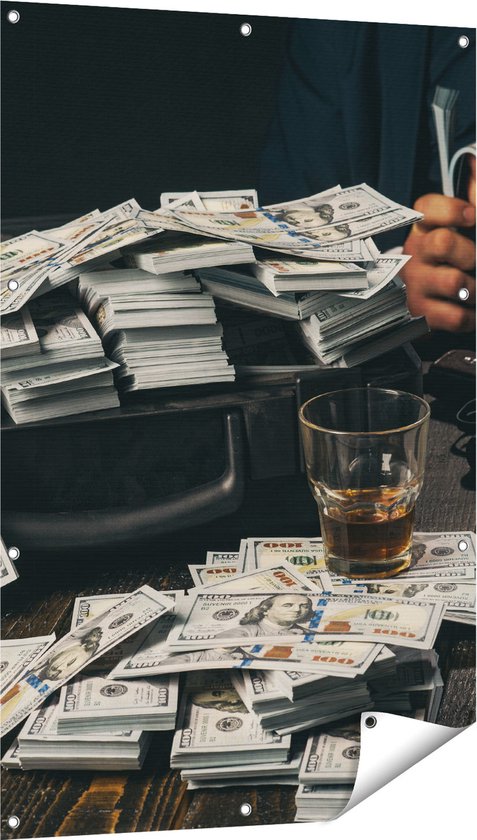 Affiche de jardin Gards Billets de dollars sur la table de la mafia - 80x120 cm - Toile de jardin - Décoration de jardin - Décoration murale extérieure - Peinture de jardin