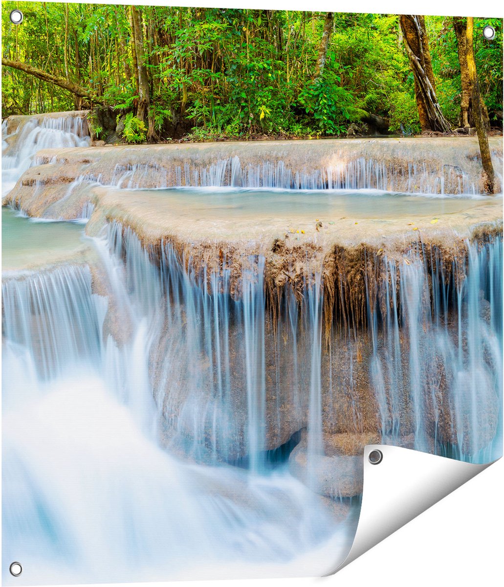 Gards Tuinposter Waterval in het Bos in Thailand - 70x70 cm - Tuindoek - Tuindecoratie - Wanddecoratie buiten - Tuinschilderij Multikleur